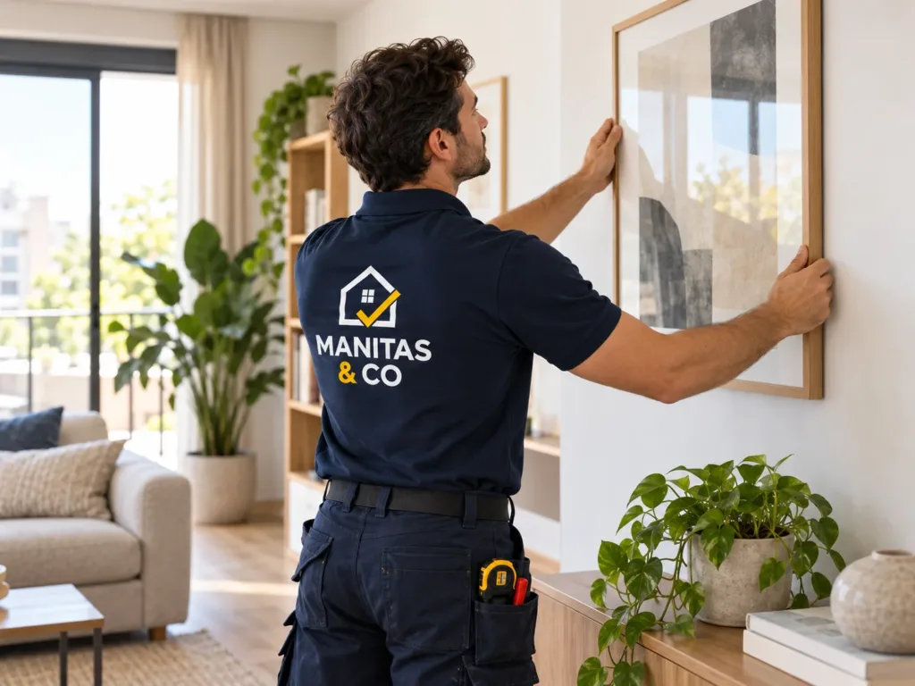 Profesional de Manitas & Co colgando un cuadro en el salón