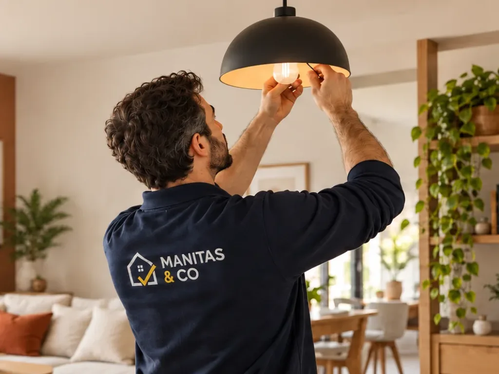 Electricista de Manitas & Co cambiando la bombilla de una lámpara de techo
