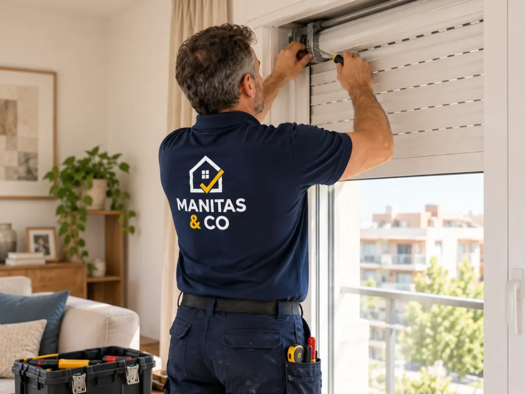 Profesional de Manitas & Co reparando el mecanismo de una persiana