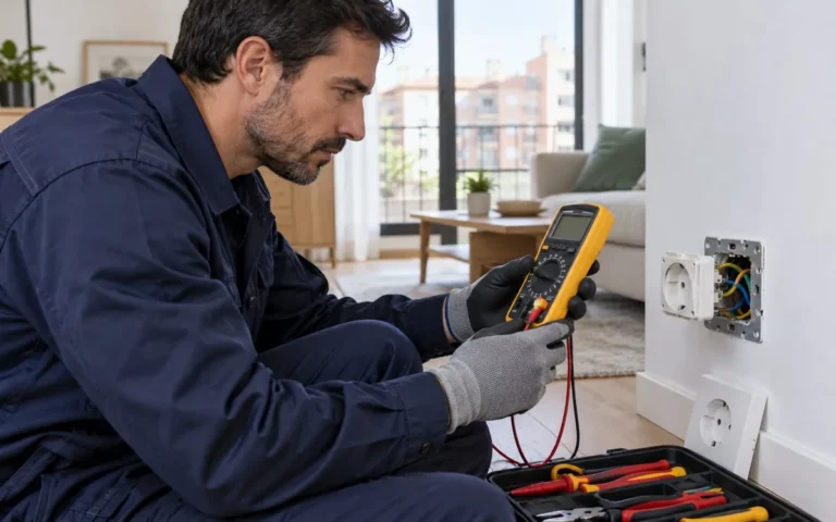 Electricista comprobando un enchufe con el tester