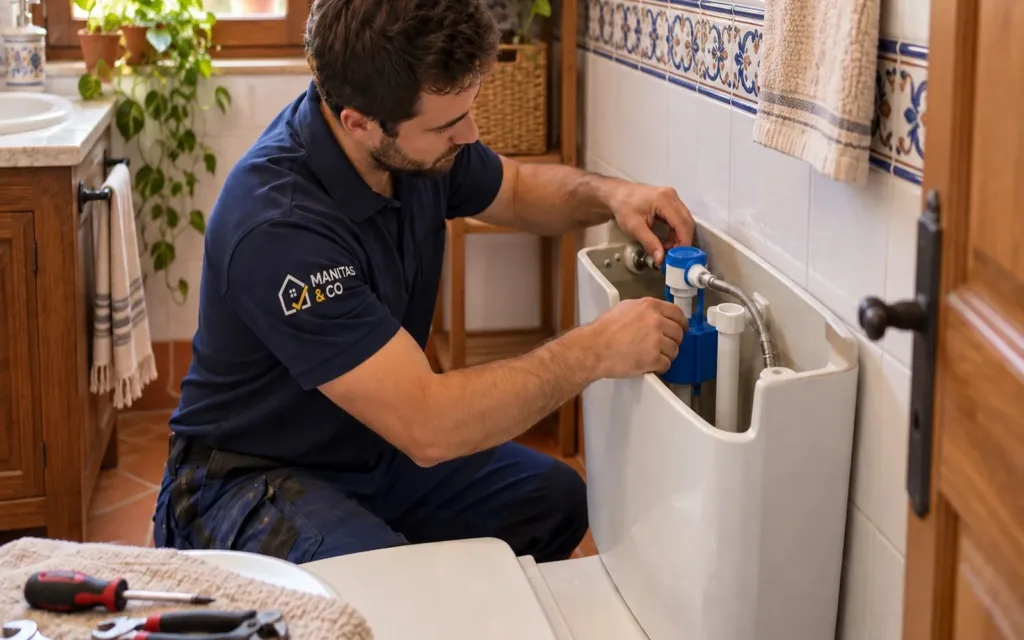 Fontanero de Manitas & Co reparando el mecanismo de una cisterna