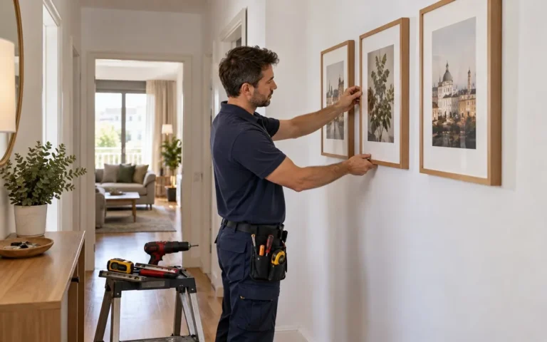 Profesional colgando cuadros en un pasillo