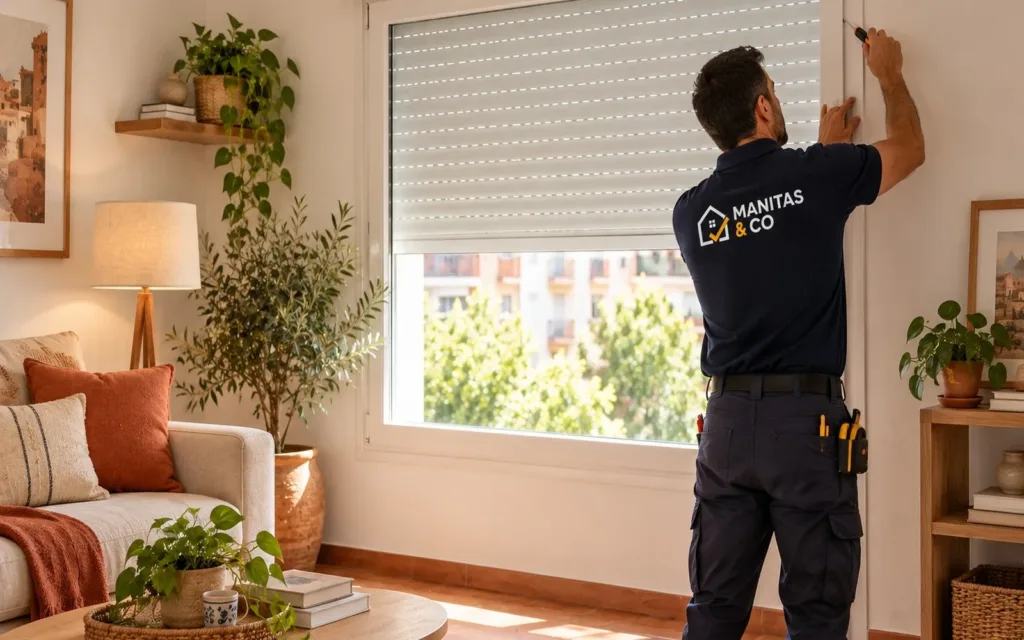 Profesional de Manitas & Co ajustando una persiana en un salón