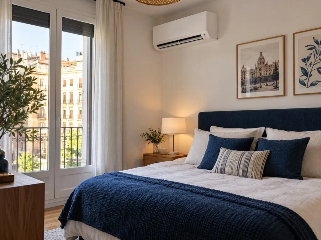Dormitorio con un split blanco en la pared