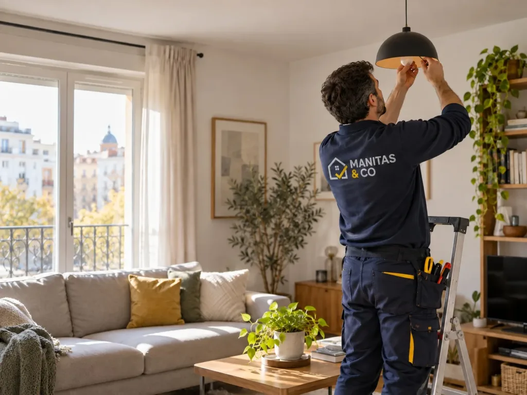 Profesional de Manitas & Co instalando una lámpara en un salón