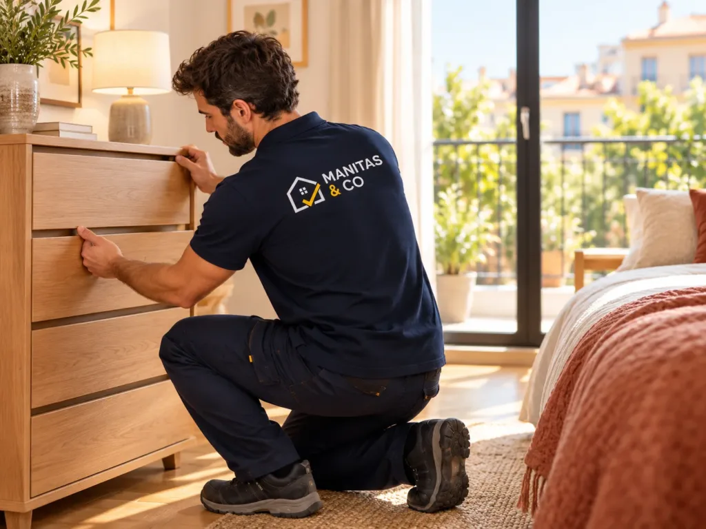 Profesional de Manitas & Co montando una cómoda en un dormitorio