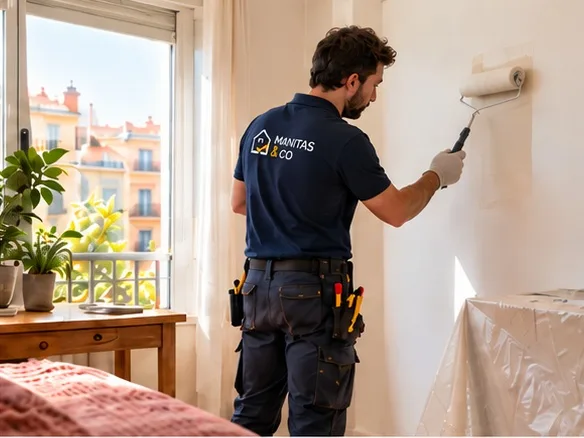 Pintor de Manitas & Co pintando una pared con rodillo